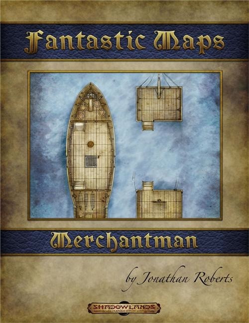 Fantastic Maps Merchantman PDF by Jonathan Roberts, a vintage-style battlemap of a merchant ship with grid and cargo, presented by Blackstar Games and Shadowlands, available in letter-format or A4 size with brown, gold, and blue design.