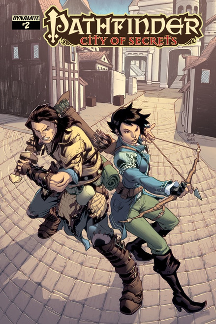 Pathfinder—City of Secrets #2, Standard Cover by Carlos Gomez featuring the iconic hero Valeros the fighter back to back with a female warrior wielding a bow in an urban scene.