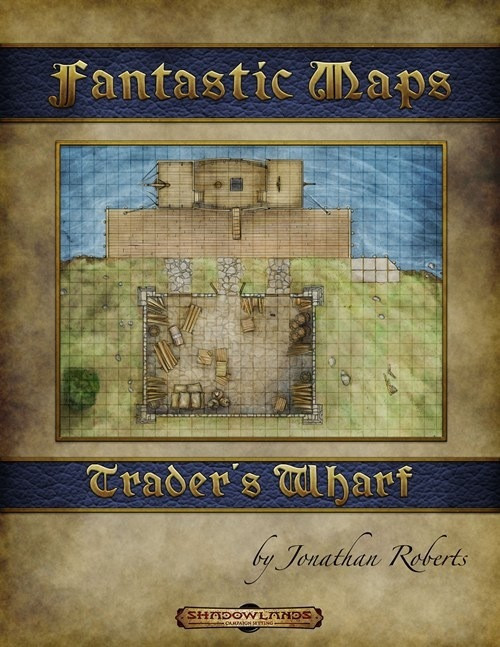 Fantastic Maps - Trader's Warf PDF for medieval fantasy gaming, featuring a 1 square=1 inch scale battlemap on letter-format or A4 paper, by Jonathan Roberts and Blackstar Games, with grid and grayscale options.