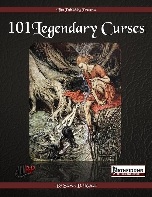Rite Publishing's 101 Legendary Curses PDF, a 31-page game accessory for PathFinder, featuring a mystical forest scene with a woman and a dog, in a dark fantasy style, with RPG elements and a Rite Publishing logo.