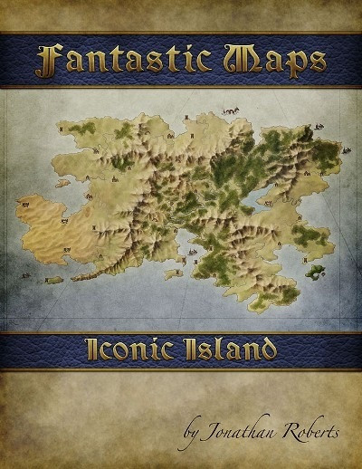Fantastic Maps Iconic Island download product, a 17" x 11" map illustration by Jonathan Roberts, presented in high-resolution (300dpi) 5100px by 3300px format, featuring terrain, icons, and hex grid options in a vintage style.