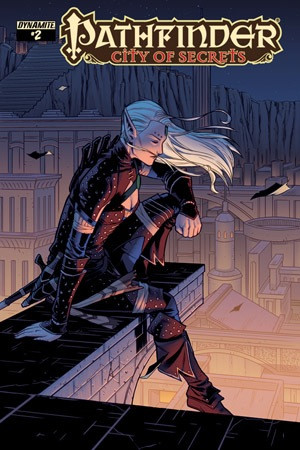 Pathfinder—City of Secrets #2 standard cover by Sean Izaakse, featuring a character with long white hair and a sword, on a rooftop set against a dynamic fictional cityscape, standard comic book size.