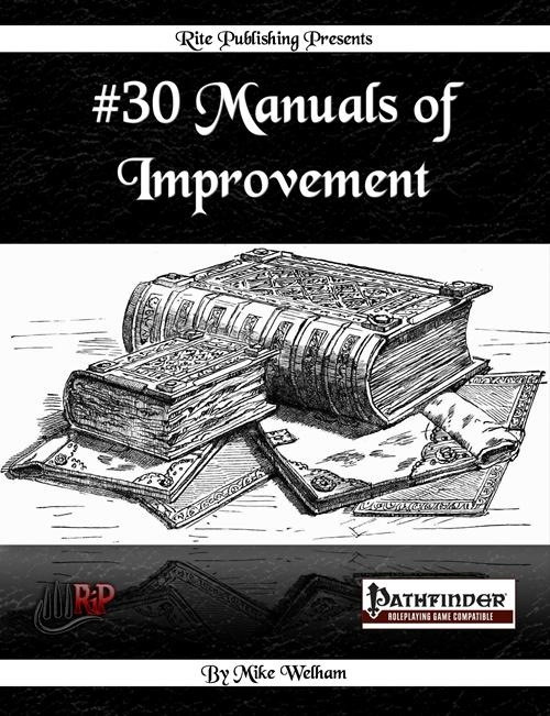 Manuals of Improvement PDF by Mike Welham, featuring a black and white illustration of stacked books and cards on a white background, published by Rite Publishing for Pathfinder Adventure Path.