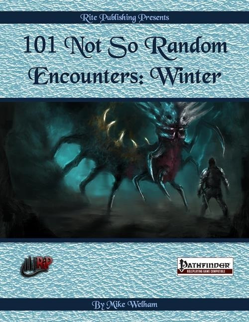 Winter-themed RPG encounters in 101 Not So Random Encounters: Winter (PFRPG) PDF. Includes Pathfinder-compatible dark fantasy content with icy scenes featuring humanoid figures and spider-like creatures amidst snowy landscapes in 36 pages.