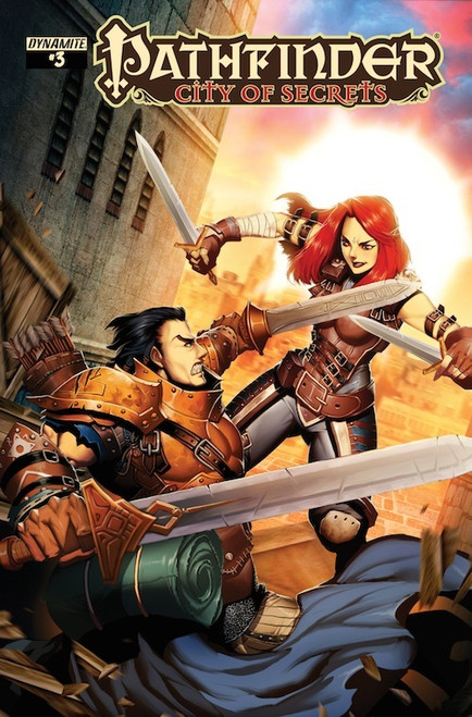 Pathfinder—City of Secrets #3 (Standard Cover—Genzoman) shows a male human fighter with two swords fighting against a red-haired human woman also armed with two swords; the scene takes place on a city street with the sun rising in the background.