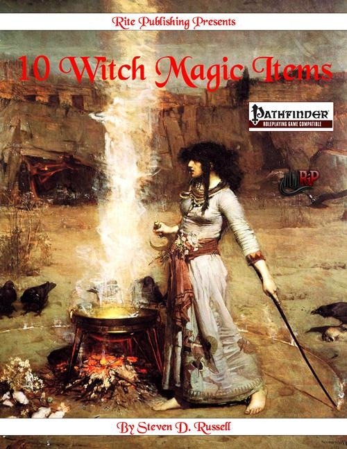 10 Witch Magic Items Pathfinder RPG PDF cover featuring a witch in white robes conjuring magic, Rite Publishing logo, Pathfinder RPG logo, and author credit, on a fantasy background with a fire.