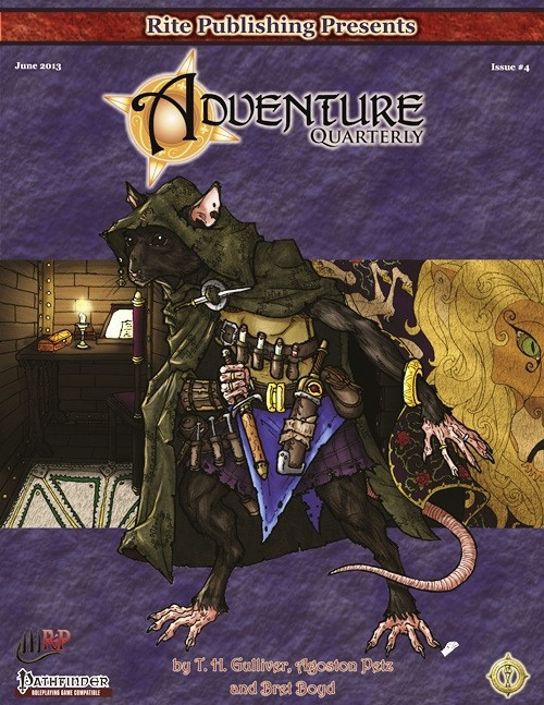 Adventure Quarterly #4 PDF cover featuring a ratfolk character against a purple backdrop with red accents, Pathfinder logo, and fantasy RPG elements, showcasing a 2nd level PFRPG adventure by T.H. Gulliver and Jonathan McAnulty.