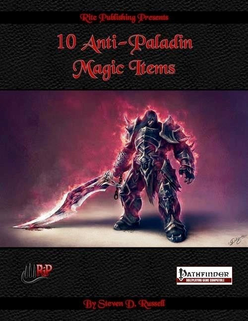 A dark-armored figure wields a flaming sword, set against a purple background with red accents, in a PDF cover for the "10 Anti-Paladin Magic Items" product by Rite Publishing for the PFRPG.