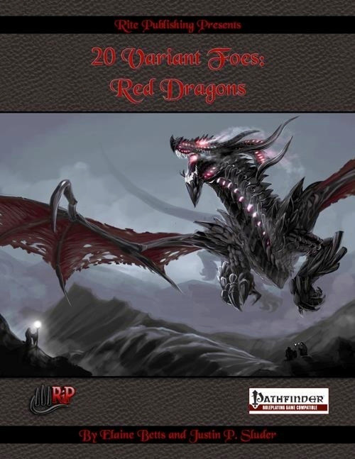 20 Variant Foes: Red Dragons PDF cover art features a menacing dark red dragon with glowing eyes set against a dramatic landscape, designed for Pathfinder RPG, by Rite Publishing, a PFRPG product.
