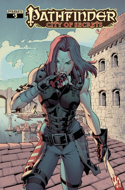 Pathfinder—City of Secrets #3 (Standard Cover—Carlos Gomez) shows a female elf rogue standing on a city waterfront, holding a bloody knife in one hand while she raises her other hand, also bloody, up to her face.