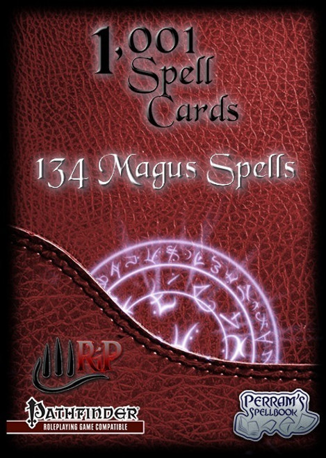 Pathfinder game compatible Magus spell cards in a 2.5 inch x 3.5 inch red leather case, featuring 134 Rite Publishing and Perram's Spellbook spells, with a glowing purple wheel on the front cover.