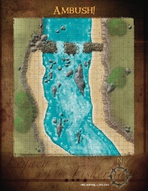 Adventure Quarterly #5 PFRPG PDF featuring brown vintage-style map with grid, river, waterfalls, and mountains, with compass and text in a brown frame, designed for Ruins Perilous encounters, size varies, by Adventure Quarterly.