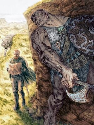 Adventure Quarterly #5 PFRPG PDF features a man in green amidst fantastical hand-drawn cartography by Tommi Salama, with a giant creature and wolf-like creature in a fantasy landscape.