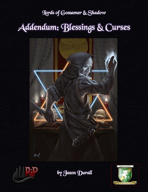 Lords of Gossamer & Shadow Diceless PDF cover featuring a hooded figure casting magic with lit candles and geometric shapes, accompanied by Blessings & Curses Addendum logos in red ink by Jason Durall and RP.