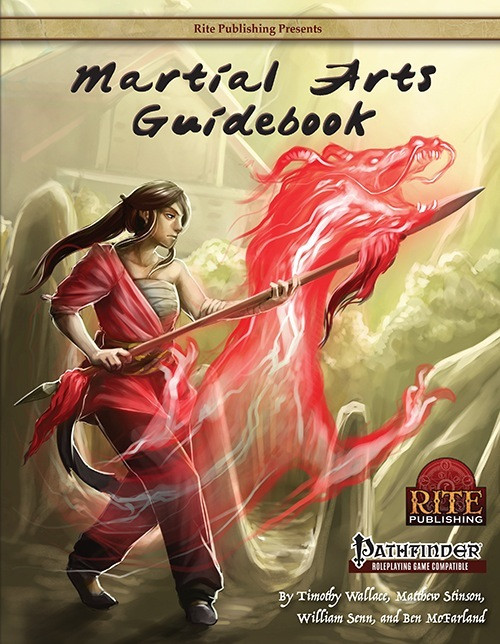 Martial Art Guidebook PFRPG PDF cover featuring a woman with long dark hair wielding a glowing red sword, against a greenish background with a building and trees, Rite Publishing compatible Pathfinder RPG accessory.