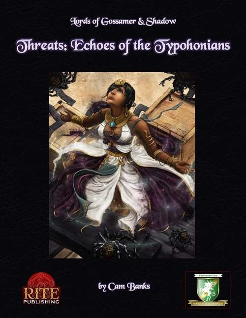 Threats: Echoes of the Typhonians (Diceless) PDF cover featuring a woman in white dress with gold jewelry, surrounded by spiders, against a black background with Lords of Gossamer & Shadow and Rite Publishing logos.