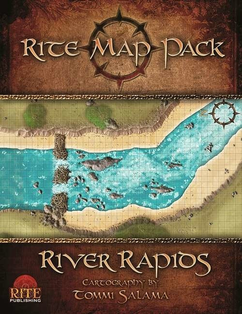 River Rapids PDF map, a 35-page multi-page map pack by Tommi Salama, featuring letter-format battlemaps on letter paper and grayscale versions, published by Rite Publishing, with cartographer details.
