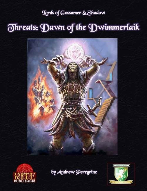 Threats: Dawn of the Dwimmerlaik Diceless PDF cover art features a warrior in long hair and armor, with a glowing orb, on a dark background, showcasing Lords of Gossamer & Shadow and Rite Publishing logos prominently.
