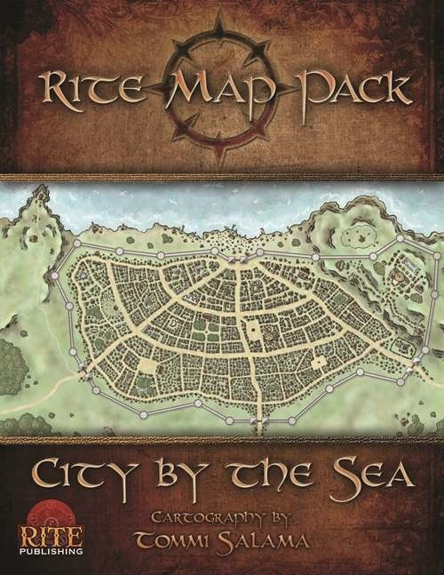 16-page PDF of Rite Map Pack: City by the Sea, a detailed, coastal city map with labeled and unlabeled versions, featuring cartography by Tommi Salama, suitable for tabletop gaming.