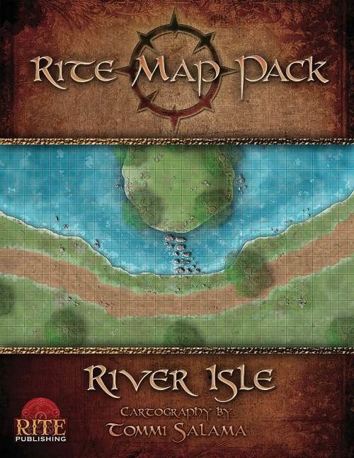 Rite Map Pack: River Isle PDF by Tommi Salama, a 35-page cartography with river exploration maps and battlemaps at 1 square=1 inch scale, in letter and light grayscale formats for virtual tabletop use and printing.