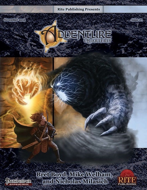 Adventure Quarterly #7 (PFRPG) PDF cover featuring a fantasy scene of 'Shattered Dreams in Winter' and 'The Fractured Storm', dark blue and gold typography on a textured background, published by Rite Publishing.