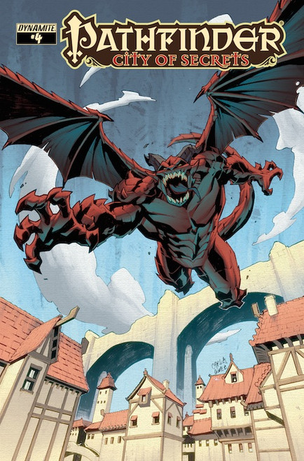 Pathfinder—City of Secrets #4 (Standard Cover—Carlos Gomez) shows a red and blue skinned flying demonic toothy humanoid leaping through the air toward the viewer; in the background is a cloudy blue sky, city buildings, and a distant stone bridge.