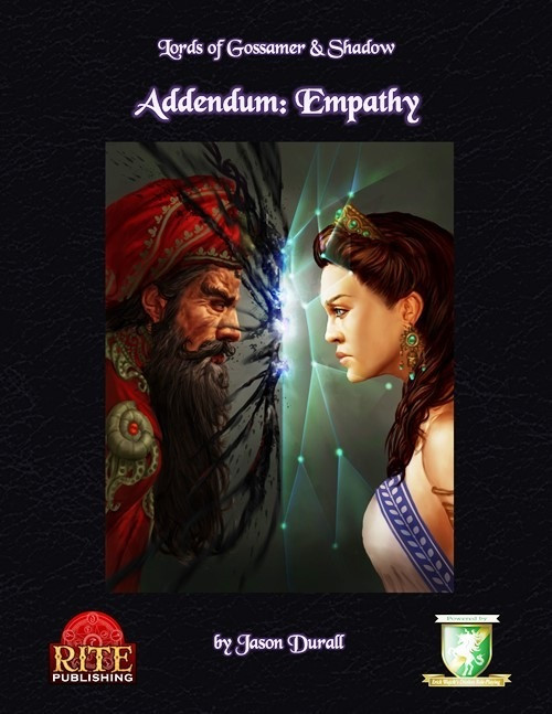 Addendum: Empathy PDF book, a Lords of Gossamer & Shadow series title, Rite Publishing, black background with vibrant green accents, featuring a couple with telepathic connection, exploring lesser power of empathic magic in Gossamer worlds.