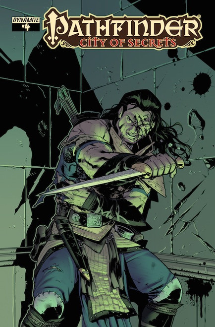 Pathfinder—City of Secrets #4 (Standard Cover—Sean Izaakse) shows a male human fighter, badly wounded and standing in a defensive pose with a sword out but backed into a corner in front of a dark stone wall.