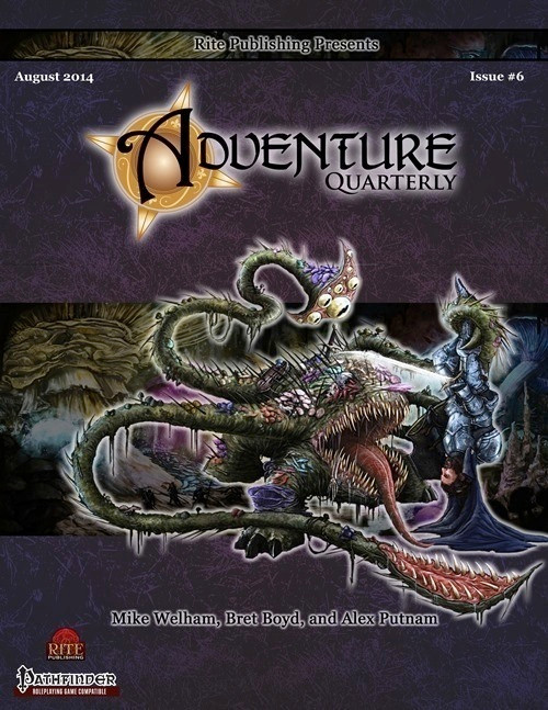 Pathfinder PDF, Adventure Quarterly #6, titled Fungi, Artifacts, and Mechs, Oh My! featuring a fantasy creature and warrior on a dark background with Rite Publishing and Pathfinder logos, designed for PFRPG by Mike Welham.