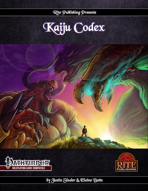 Kaiju Codex (PFRPG) PDF cover features a massive monster and tiny person with vibrant purple, pink, orange, and green hues. Pathfinder Roleplaying Game compatible, with Rite Publishing logos and colossal creatures for game masters.