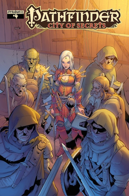 Pathfinder—City of Secrets #4 (Limited Edition Cover—Steven Cummings) shows a white-haired female elven rogue in leather armor walking with several cloaked humanoid figures through a back street alley in a city. 