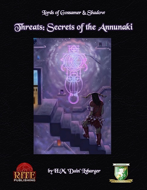 Threats: Secrets of the Annunaki (Diceless) PDF, an Annunaki symbol cover with a woman in ancient attire, featuring logos from Lords of Gossamer & Shadow and Rite Publishing by H.M. Dain' Lybarger, fantasy, paranormal threat book.