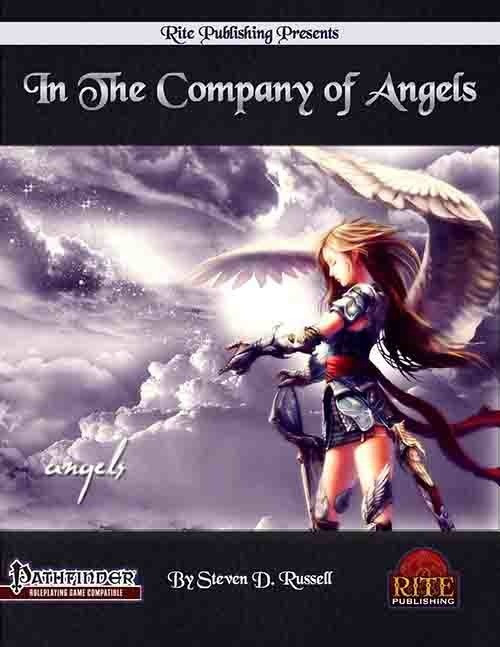 Female angel with long blonde hair and feathered armor, white glowing orb, on cloudy background, Pathfinder RPG accessory by Rite Publishing, In The Company of Angels PDF for the Grigori and various angelic classes.