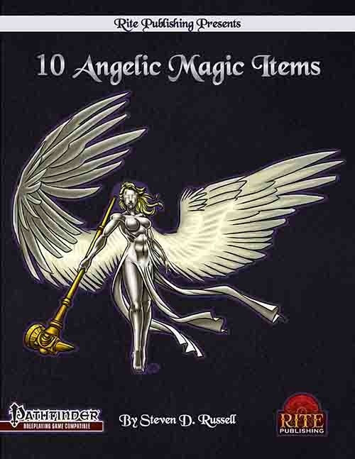 Rite Publishing's 10 Angelic Magic Items (PFRPG) PDF cover features a silver angel with white wings, Pathfinder logo, and magical item theme on a black background, designed by Steven D. Russell.