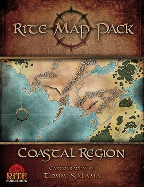 Rite Map Pack: Coastal Region PDF map in full-color, hand-drawn design by Tommi Salama, for role-playing campaigns, featuring a coastal area with letter-sized pages and grid lines, by Rite Publishing.