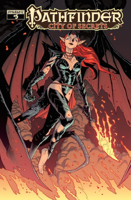 Pathfinder—City of Secrets #5 (Standard Cover—Sean Izaakse) shows a scantily clad red-haired winged demonic woman armed with a flaming sword flying above a large smoky fire.