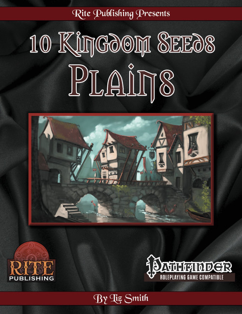 Pathfinder compatible RPG book cover for 10 Kingdom Seeds: Plains, a digital download, featuring a plains village with houses and bridge, set against a dark background with red accents and logos for fantasy adventure games.