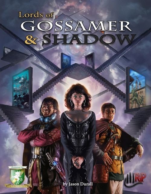 Lords of Gossamer & Shadow Diceless PDF cover, a tabletop role-playing game, featuring fantasy characters in an otherworldly landscape, with a woman in black, by Jason Durall, for tabletop gaming enthusiasts and fans of fantasy adventure.