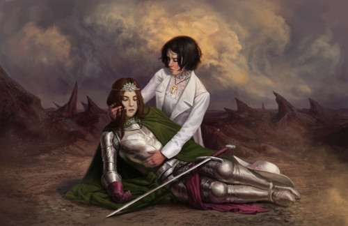 Female figures in fantasy worlds of Lords of Gossamer & Shadow Diceless PDF, featuring a woman in silver armor with a green cloak and a sword lying on the ground, set against a stormy background in a fantasy RPG guide.