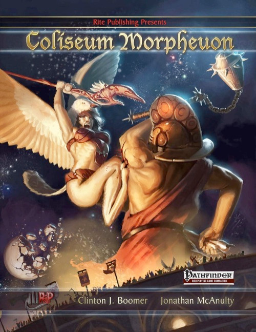 Coliseum Morpheuon Pathfinder PDF featuring a muscular man and winged warrior set against a starry background, logo, and author information on a dark color background suitable for 16-20th level character gameplay.
