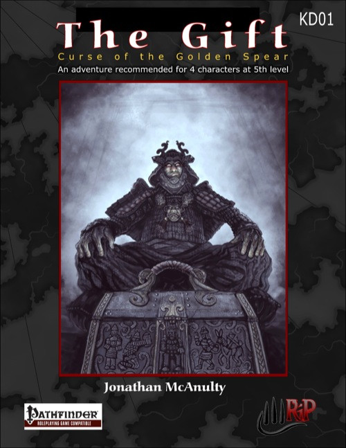 Samurai sits atop a chest on a dark background, wearing armor and a helmet, with Pathfinder and RPG logos, related to The Gift: Curse of the Golden Spear PFRPG PDF campaign adventure.