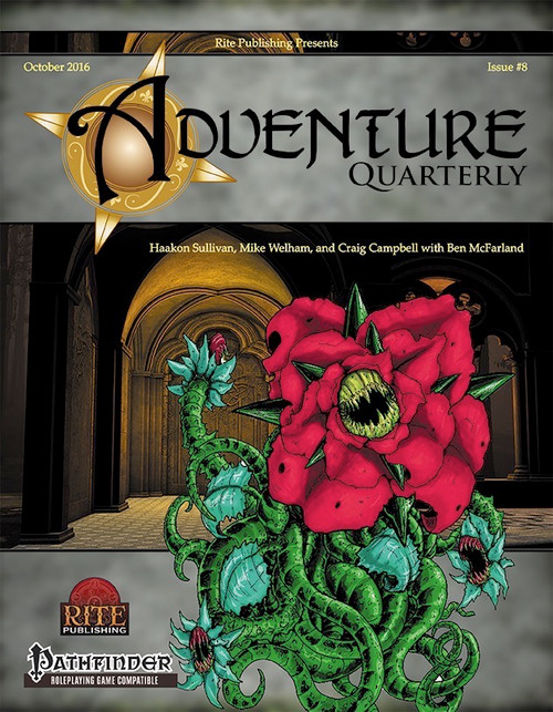 Adventure Quarterly #8 cover featuring a red flower with green vines and tentacles, set against a stone archway, published by Rite Publishing for Pathfinder Roleplaying Game compatibility in digital download format showcasing vibrant artwork design.