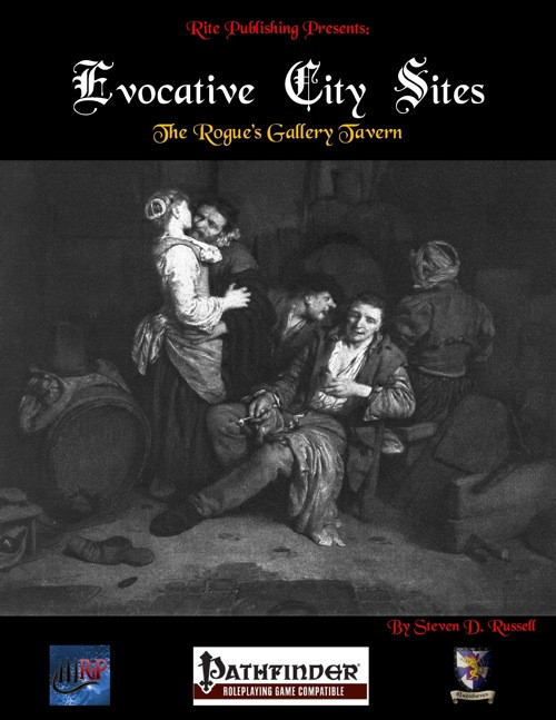 Evocative City Sites: The Rogue's Gallery Tavern PDF, a modular supplement for urban campaign settings, detailed with maps, NPCs, and adventure seeds in a systemless guidebook, featuring a dark illustration of a city tavern.