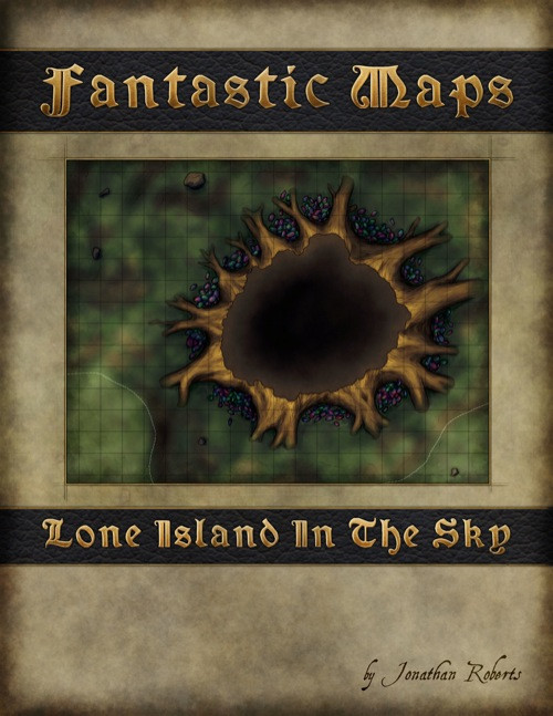 Lone Island in the Sky PDF map, created by Jonathan Roberts, featuring a fantasy landscape with a gassar tree, available as a printable letter-format map with grid overlay in vintage style and ink on parchment background design.