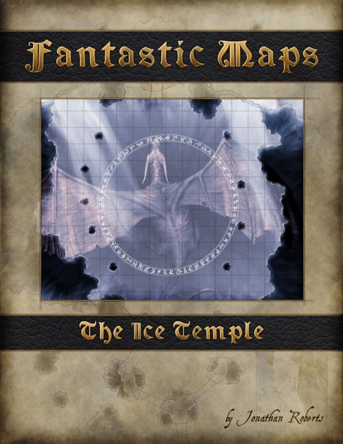 Fantasy battlemap featuring the Ice Temple with a massive dragon, frozen waterfall, and temple suspended over a drop, illustrated in a 1 inch=1 square-scale, parchment-style design by artist Jonathan Roberts of Wrath of the River King series.
