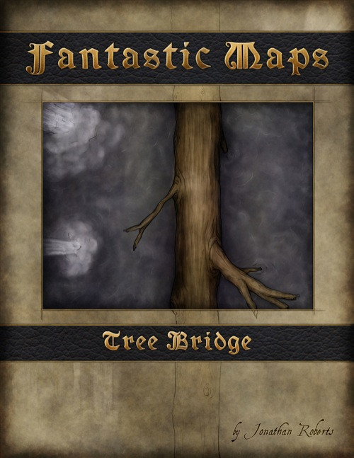 Fantastic Maps Tree Bridge PDF by Jonathan Roberts, featuring a battlemap with eternal twilight, dark lake and whirlpools, presented in a letter-format map with grayscale version, 1 square=1 inch printed at standard letter size, by Kobold Quarterly brand.