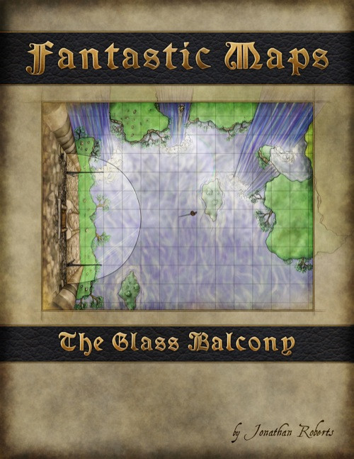 Jonathan Roberts' The Glass Balcony Cartography PDF, a fantasy map with 1 inch=1 square scale, featuring blue waters, green landmasses, and a glass balcony, in a parchment-style background, presented by an RPG cartographer.
