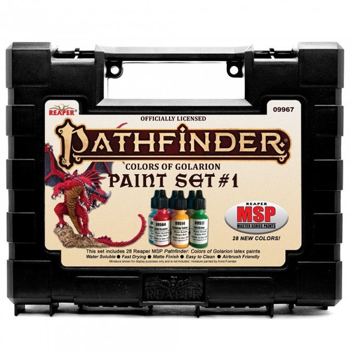 Colors of Golarion Paint Set 1 by Pathfinder Official, a black plastic case containing 28 half-ounce latex paints in various shades, including Shelyn Blush, Milani Rose, and Seoni Scarlet, perfect for miniatures painting.