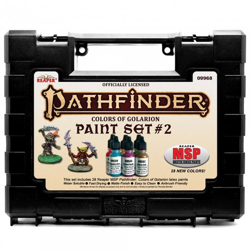 Pathfinder Colors of Golarion Paint Set 2, 28 water-soluble latex paints in black case, featuring officially licensed 0.5 oz bottles in matte finish, ideal for miniatures painting with colors like Hobgoblin Blue, Desna Blue, and Kraken Purple.