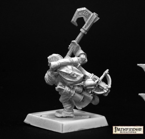 Pathfinder Harsk Iconic Male Dwarf Ranger. An unpainted mini of a dwarven warrior from behind, charging forward, battle axe raised.